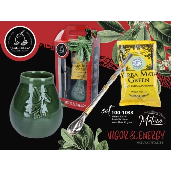 Zestaw do Yerby - Naczynie Ceramiczne zieleń transparentna) + bombilla + Yerba Mate Green 50g