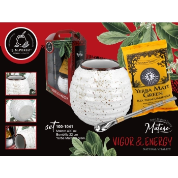 Zestaw do Yerby - Naczynie Ceramiczne (kremowe) + bombilla + Yerba Mate Green 50g